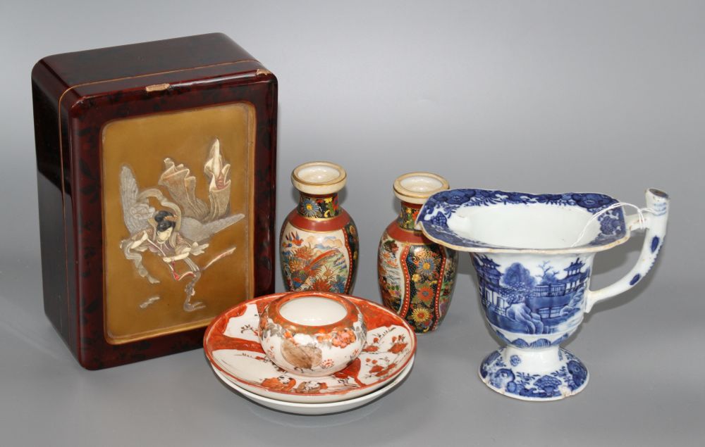 A Chinese blue and white jug, Japanese lacquer box and mixed Japanese ceramics